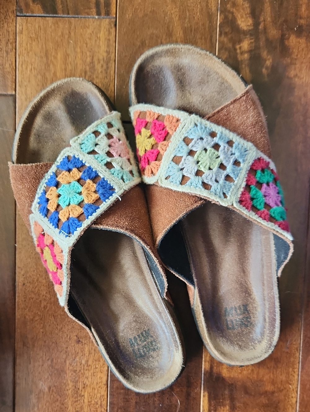 BOHO Muk Luks Crochet Granny Square Slides Size 12 Hippie Granola Girl